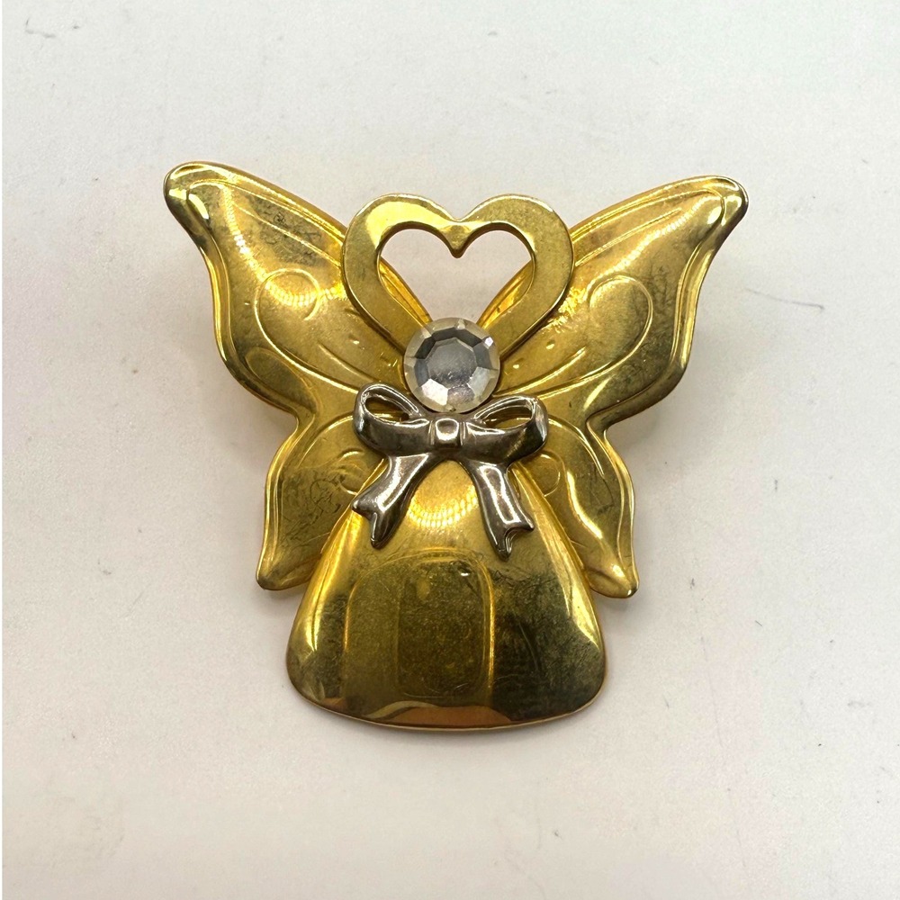 Jane Davis Angel of Love Brooch Gold Tone Angel Heart Rhinestone Vintage Pin